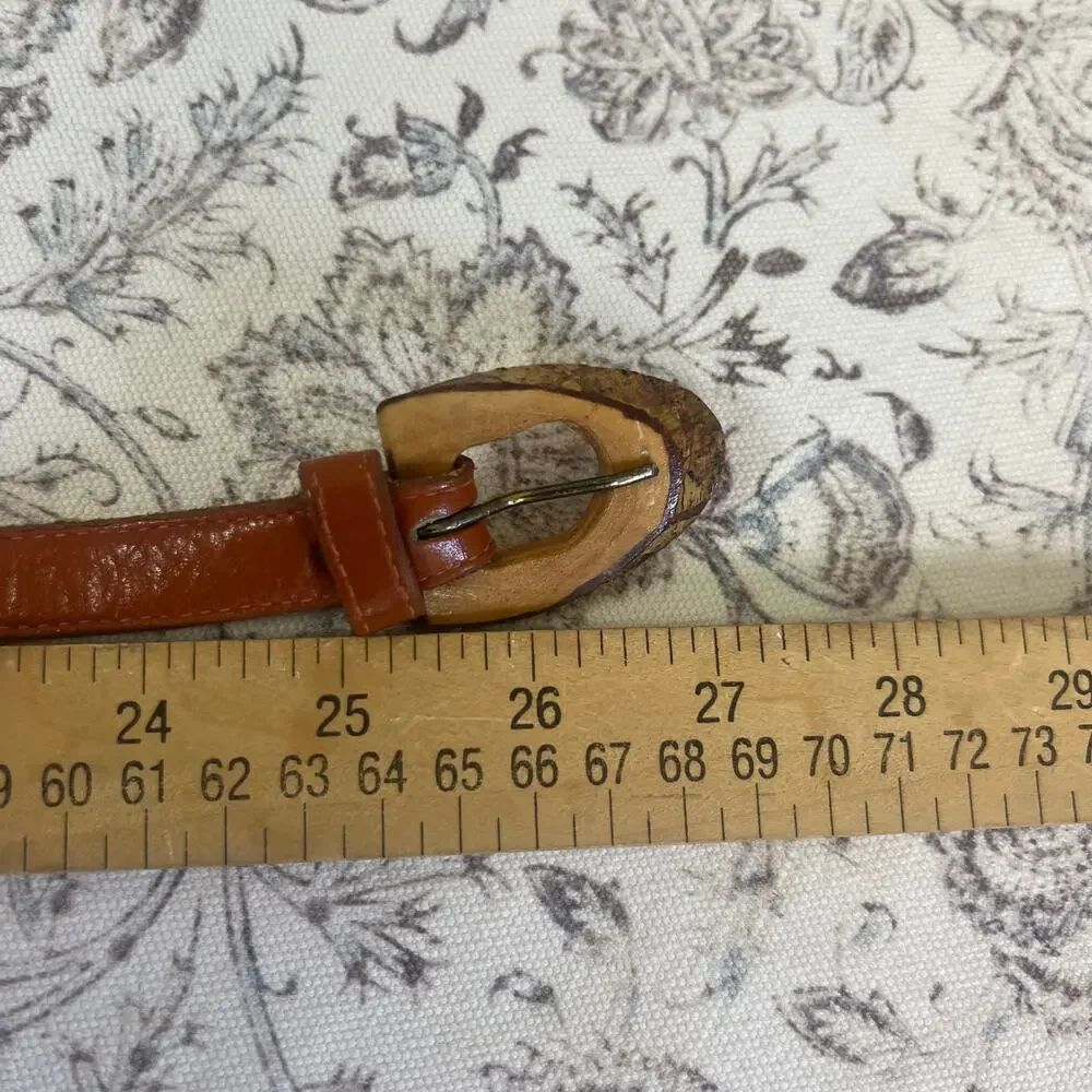 Leather Belt Vintage Brown Unique Raw Wooden Buckle thin 70s Cottage Core Sz 30